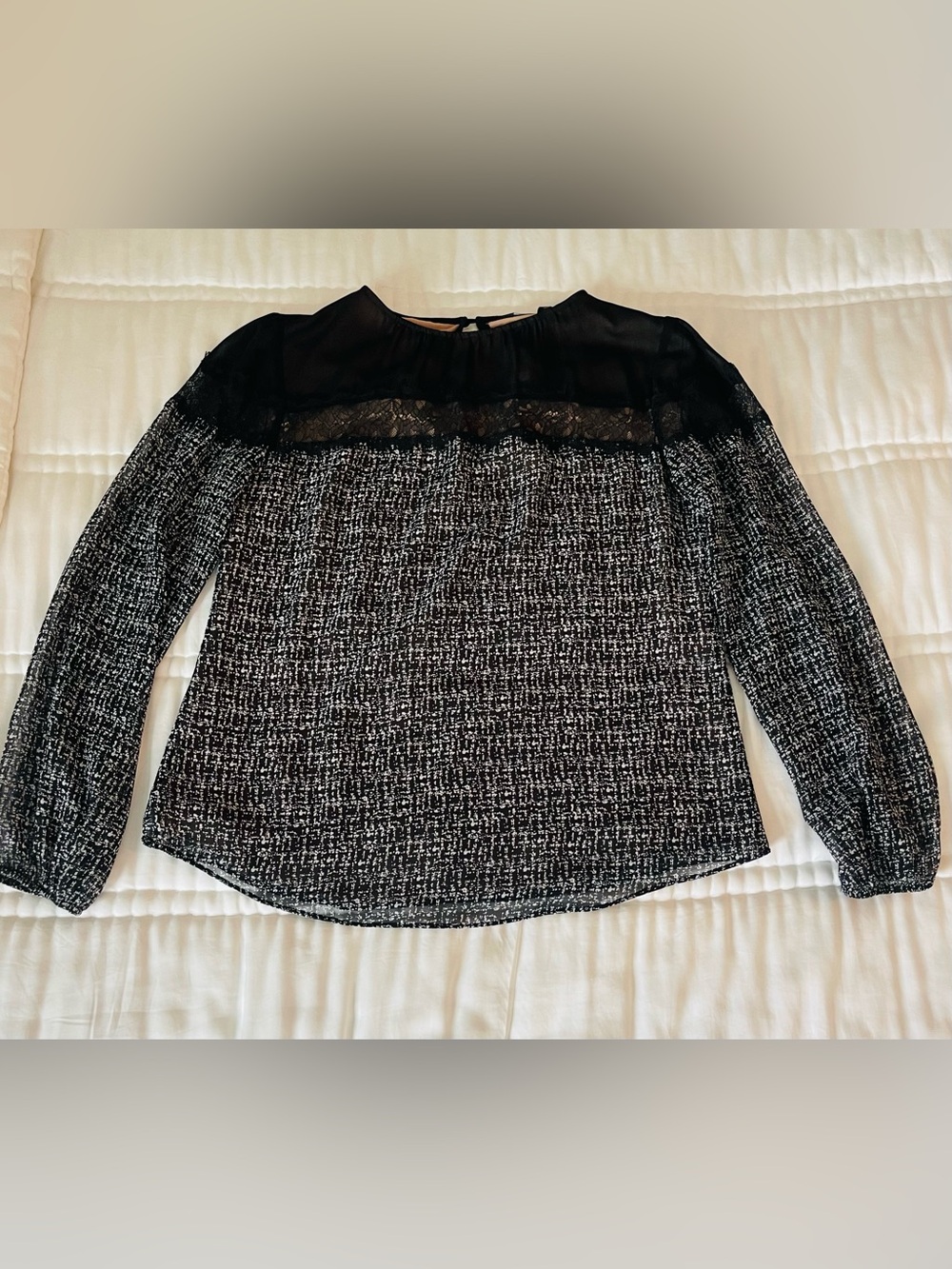 Black and White Tweed-Style Lace Yoke Blouse